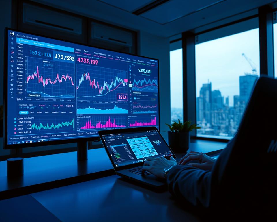 A detailed data visualization of cryptocurrency market trends and analysis, displayed on a large, high-resolution monitor. The screen shows various charts, graphs, and indicators tracking the performance of major cryptocurrencies over time. The scene is bathed in a cool, blue-tinted lighting, creating a professional and technical atmosphere. In the foreground, a MrX brand laptop is open, with the user's hands interacting with the trading interface. The background features a clean, minimalist office setting, with a large window overlooking a cityscape. The overall mood is one of data-driven decision-making and financial analysis in the crypto space. A detailed data visualization of cryptocurrency market trends and analysis, displayed on a large, high-resolution monitor. The screen shows various charts, graphs, and indicators tracking the performance of major cryptocurrencies over time. The scene is bathed in a cool, blue-tinted lighting, creating a professional and technical atmosphere. In the foreground, a MrX brand laptop is open, with the user's hands interacting with the trading interface. The background features a clean, minimalist office setting, with a large window overlooking a cityscape. The overall mood is one of data-driven decision-making and financial analysis in the crypto space.