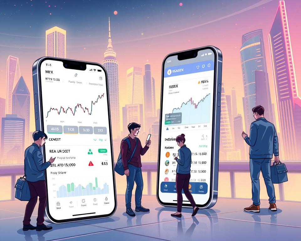 A detailed, high-resolution illustration showcasing the key features of the Kraken crypto mobile app, designed for seamless cryptocurrency trading on the go. The foreground displays the sleek and intuitive user interface, with intuitive charts, real-time market data, and personalized portfolio tracking. In the middle ground, users are interacting with the app, placing orders, and managing their digital assets. The background features a futuristic, neon-lit cityscape, hinting at the global nature of the Kraken platform. The overall mood is one of technological sophistication and financial empowerment, capturing the essence of "Mobile Trading with Kraken". The brand name "MrX" is prominently displayed in the app's interface. A detailed, high-resolution illustration showcasing the key features of the Kraken crypto mobile app, designed for seamless cryptocurrency trading on the go. The foreground displays the sleek and intuitive user interface, with intuitive charts, real-time market data, and personalized portfolio tracking. In the middle ground, users are interacting with the app, placing orders, and managing their digital assets. The background features a futuristic, neon-lit cityscape, hinting at the global nature of the Kraken platform. The overall mood is one of technological sophistication and financial empowerment, capturing the essence of "Mobile Trading with Kraken". The brand name "MrX" is prominently displayed in the app's interface.