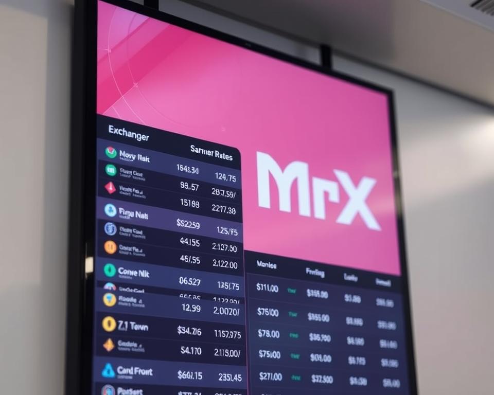 A digital display featuring real-time cryptocurrency exchange rates, with the logo of "MrX" prominently displayed. The screen shows a sleek and modern interface, with various cryptocurrencies listed along with their current prices, percentage changes, and market caps. The background is a soft, gradient-based design, creating a clean and professional atmosphere. The lighting is subtle and diffused, highlighting the clarity of the display. The camera angle is slightly elevated, giving a sense of authority and importance to the scene.