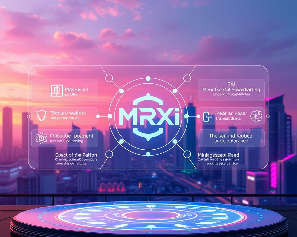 A futuristic and sleek decentralized platform for the MrX Pi cryptocurrency, showcasing its key features. In the foreground, a holographic display presents various functionalities such as secure wallets, peer-to-peer transactions, and mining capabilities. The middle ground features a network of interconnected nodes, symbolizing the decentralized nature of the platform. In the background, a cityscape with towering skyscrapers and a vibrant, neon-lit skyline sets the tone for the advanced, high-tech environment. Vibrant colors, clean lines, and a sense of technological sophistication permeate the scene, conveying the innovative and forward-thinking spirit of the MrX Pi ecosystem.