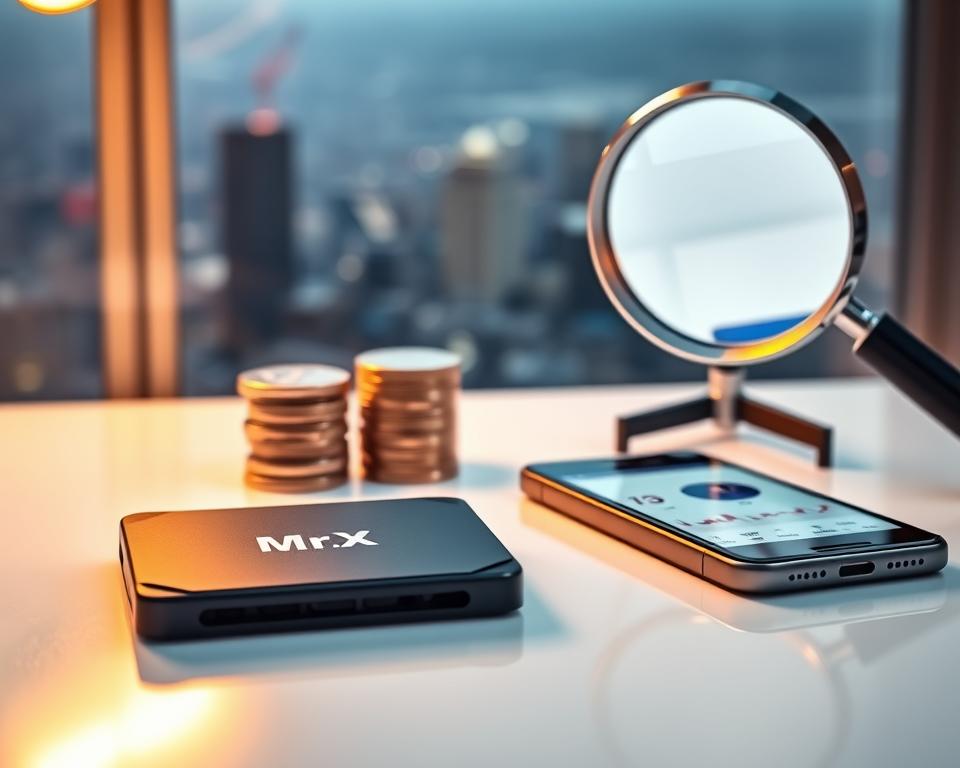 A high-quality, detailed view of a secure cryptocurrency wallet setup for top investments. In the foreground, a sleek, modern hardware wallet emblazoned with the MrX brand logo sits on a minimalist desk. The wallet is accompanied by a smartphone displaying portfolio tracking software, all illuminated by warm, directional lighting. In the middle ground, a stack of physical cryptocurrency coins and a magnifying glass symbolize the importance of security and research. The background features a blurred cityscape, conveying a sense of technological advancement and financial sophistication. The overall scene emanates an atmosphere of professionalism, reliability, and trust - essential for newbie cryptocurrency investors.