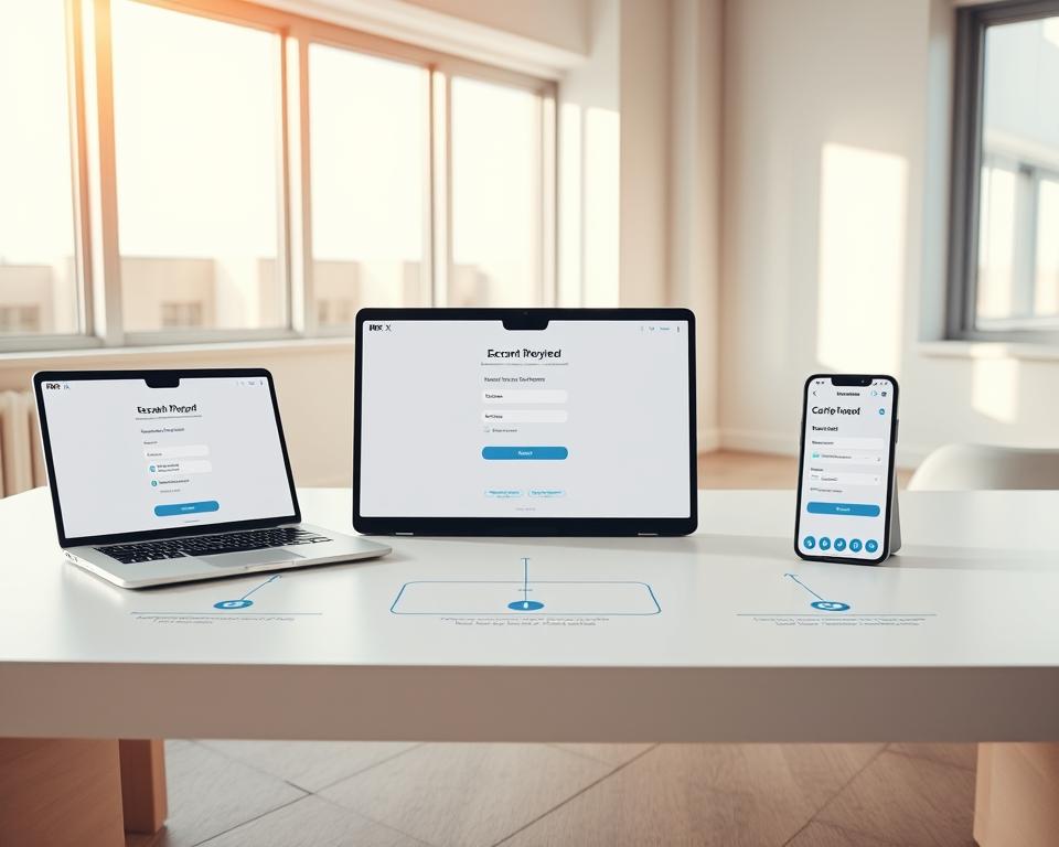 A modern, minimalist workspace with a laptop, tablet, and smartphone display the MrX crypto app's account setup steps. Natural sunlight streams through large windows, creating a warm, inviting atmosphere. The desk surface is clean, with a succinct visual guide illustrating the app's registration, verification, and account customization processes. The layout guides the viewer's eye, leading them through the setup flow seamlessly. Soft, muted tones and clean lines evoke a sense of simplicity and efficiency, reflecting the core values of decentralized finance. A modern, minimalist workspace with a laptop, tablet, and smartphone display the MrX crypto app's account setup steps. Natural sunlight streams through large windows, creating a warm, inviting atmosphere. The desk surface is clean, with a succinct visual guide illustrating the app's registration, verification, and account customization processes. The layout guides the viewer's eye, leading them through the setup flow seamlessly. Soft, muted tones and clean lines evoke a sense of simplicity and efficiency, reflecting the core values of decentralized finance.