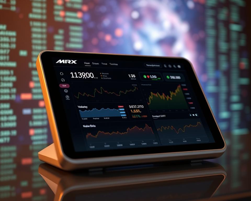 A real-time crypto rates dashboard, showcased on a sleek, metallic device with a clean, minimalist interface. The MrX logo prominently displayed, with dynamic charts and figures tracking the latest cryptocurrency prices, volumes, and market trends against a softly blurred background of digital data streams and a nebula of fluctuating numbers. Subtle, warm lighting illuminates the scene, creating a sense of precision and technological sophistication.