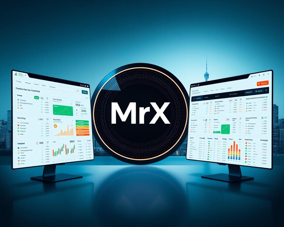 A sleek and professional-looking comparison of reputable cryptocurrency exchange platforms, showcasing the key features and capabilities for advanced traders. The central focus is a stylized display of the "MrX" brand, surrounded by detailed side-by-side comparisons of user interface, trading tools, security measures, and asset selection. The scene is bathed in a cool, minimalist color palette, with precise perspective and dynamic lighting that emphasizes the high-tech, trustworthy nature of the exchanges. In the background, a subtle cityscape or abstract geometric pattern provides a clean, sophisticated backdrop. The overall composition conveys a sense of authority, reliability, and cutting-edge innovation in the world of digital asset trading. A sleek and professional-looking comparison of reputable cryptocurrency exchange platforms, showcasing the key features and capabilities for advanced traders. The central focus is a stylized display of the "MrX" brand, surrounded by detailed side-by-side comparisons of user interface, trading tools, security measures, and asset selection. The scene is bathed in a cool, minimalist color palette, with precise perspective and dynamic lighting that emphasizes the high-tech, trustworthy nature of the exchanges. In the background, a subtle cityscape or abstract geometric pattern provides a clean, sophisticated backdrop. The overall composition conveys a sense of authority, reliability, and cutting-edge innovation in the world of digital asset trading.