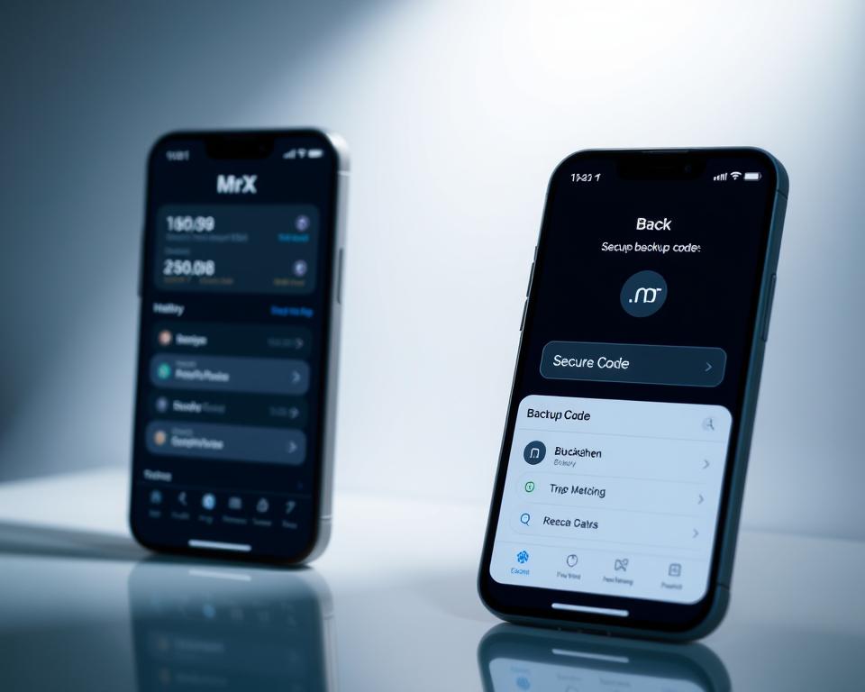 A sleek and secure cryptocurrency wallet app called "MrX" with a modern, minimalist interface. The foreground features the app's main screen, displaying a transaction history and wallet balance. The middle ground showcases the app's backup and recovery features, including a secure backup code. The background depicts a subtle grid pattern, representing the blockchain technology powering the app. The lighting is soft and diffused, creating a calming, professional atmosphere. The camera angle is slightly elevated, providing a clean, uncluttered view of the app's key functionalities.