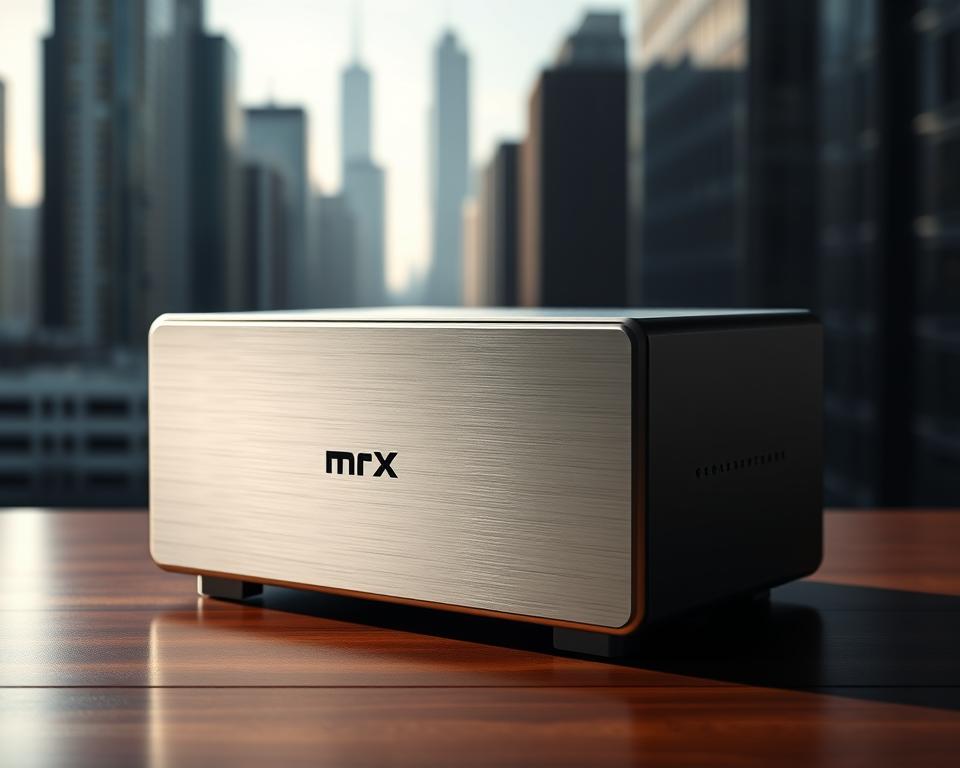 A sleek, modern crypto storage solution with the MrX brand prominently displayed. The device has a minimalist, brushed metal exterior with a seamless LED display. It sits atop a polished wooden desk, bathed in soft, directional lighting that casts dramatic shadows. In the background, a blurred cityscape with towering skyscrapers suggests a high-tech, urban setting. The overall atmosphere conveys a sense of security, sophistication, and the cutting edge of digital asset management.