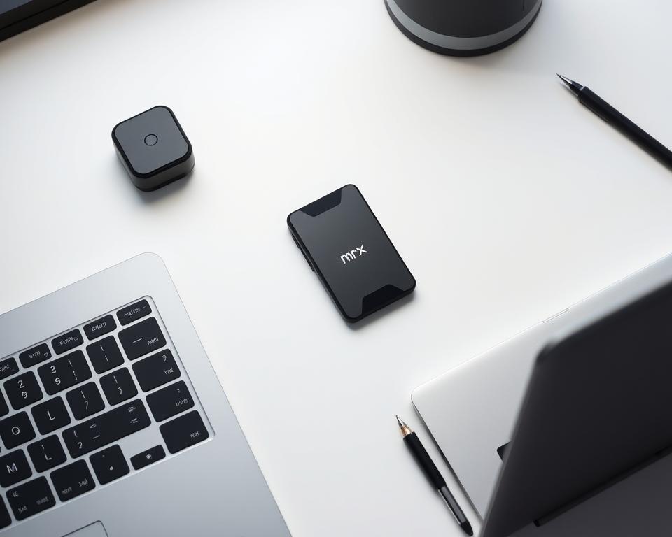 A sleek, modern desk setup featuring a MrX hardware wallet, a laptop, and minimal accessories. The wallet is prominently displayed, with a clean white background and subtle lighting highlighting its minimalist design. The laptop is angled to suggest active use, conveying the notion of a secure, offline cryptocurrency management workflow. The overall composition exudes a sense of professionalism, security, and attention to detail, perfectly aligning with the subject of "Discover the Benefits of a Cold Wallet for Cryptocurrency" and the section "How to Set Up a Cold Wallet".