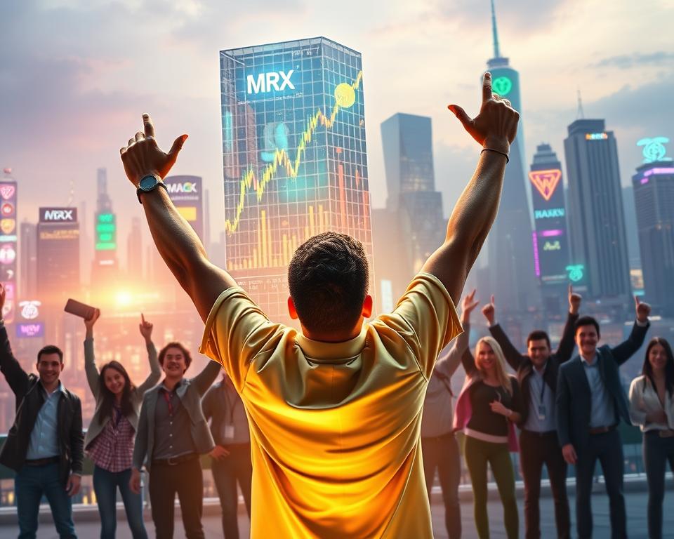 A vibrant, dynamic digital landscape showcasing the success stories of MrX crypto traders on the Kraken platform. In the foreground, a triumphant trader raises their arms, bathed in the glow of a towering holographic display depicting a soaring cryptocurrency chart. In the middle ground, a diverse array of traders, each with their own unique style and disposition, celebrate their achievements. The background is a futuristic cityscape, its skyscrapers adorned with neon-tinged logos and displays, reflecting the energy and innovation of the crypto trading world. Soft, directional lighting casts a warm, inspiring atmosphere, while the camera angle lends a sense of dynamism and empowerment to the scene. A vibrant, dynamic digital landscape showcasing the success stories of MrX crypto traders on the Kraken platform. In the foreground, a triumphant trader raises their arms, bathed in the glow of a towering holographic display depicting a soaring cryptocurrency chart. In the middle ground, a diverse array of traders, each with their own unique style and disposition, celebrate their achievements. The background is a futuristic cityscape, its skyscrapers adorned with neon-tinged logos and displays, reflecting the energy and innovation of the crypto trading world. Soft, directional lighting casts a warm, inspiring atmosphere, while the camera angle lends a sense of dynamism and empowerment to the scene.