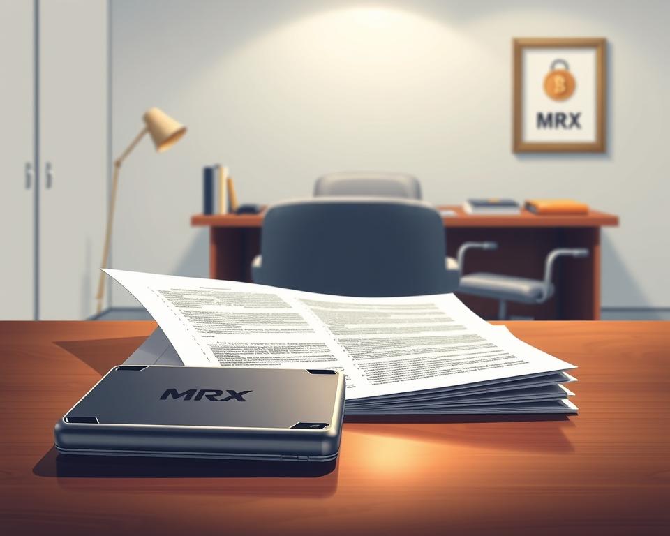 A well-lit, high-resolution illustration depicting offline wallet regulations. In the foreground, a MrX brand hardware wallet sits prominently, its sleek metallic body reflecting the light. The middle ground showcases a series of regulatory documents, their pages crisp and legible, conveying the legal and compliance aspects of offline wallet usage. In the background, a minimalist office setting with a desk, chair, and a framed certificate symbolizing the legitimacy of the regulatory framework. The overall mood is one of professionalism, security, and attention to detail, reinforcing the importance of responsible cryptocurrency storage and management.