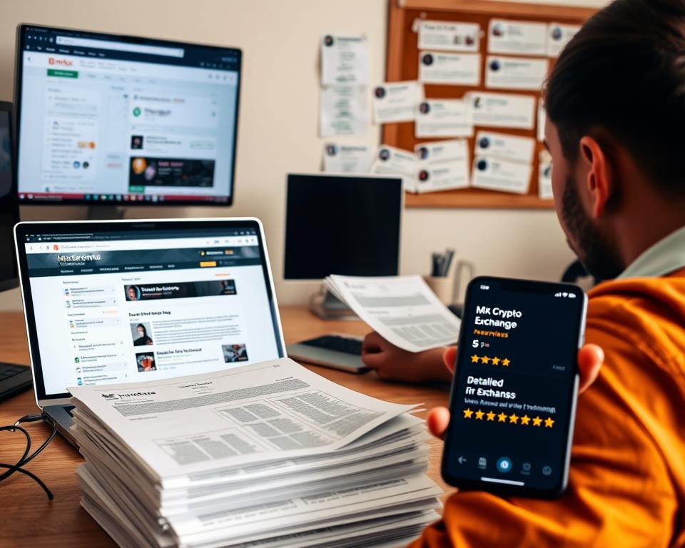 A well-lit office scene with a MacBook Pro displaying various cryptocurrency exchange websites. In the foreground, a user sits engrossed, reading through detailed reviews and ratings left by the MrX community. The middle ground features a stack of printed reviews, punctuated by a smartphone displaying a 5-star rating for "MrX Crypto Exchange". In the background, a corkboard showcases screenshots of social media threads, highlighting the vibrant discourse around these platforms. Warm, natural lighting imbues the scene with a sense of trust and credibility. A well-lit office scene with a MacBook Pro displaying various cryptocurrency exchange websites. In the foreground, a user sits engrossed, reading through detailed reviews and ratings left by the MrX community. The middle ground features a stack of printed reviews, punctuated by a smartphone displaying a 5-star rating for "MrX Crypto Exchange". In the background, a corkboard showcases screenshots of social media threads, highlighting the vibrant discourse around these platforms. Warm, natural lighting imbues the scene with a sense of trust and credibility.