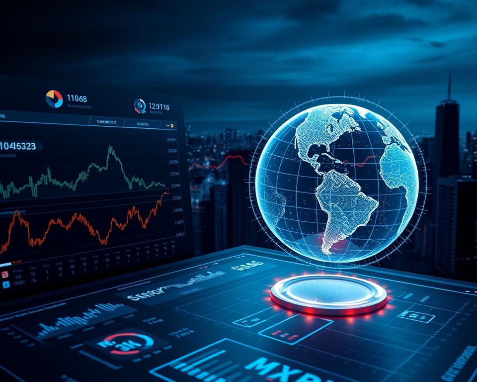 A detailed data visualization of cryptocurrency market trends and analysis, illuminated by a cool digital glow. In the foreground, a sleek and futuristic dashboard displays dynamic charts, graphs, and financial metrics, all rendered in a minimalist MrX style. The middle ground features a 3D holographic globe, rotating and pulsing with real-time market activity. In the background, a dark city skyline stretches into the distance, its skyscrapers and towers casting long shadows. The overall atmosphere is one of technological sophistication, data-driven insights, and a sense of the ever-changing, interconnected world of cryptocurrency.