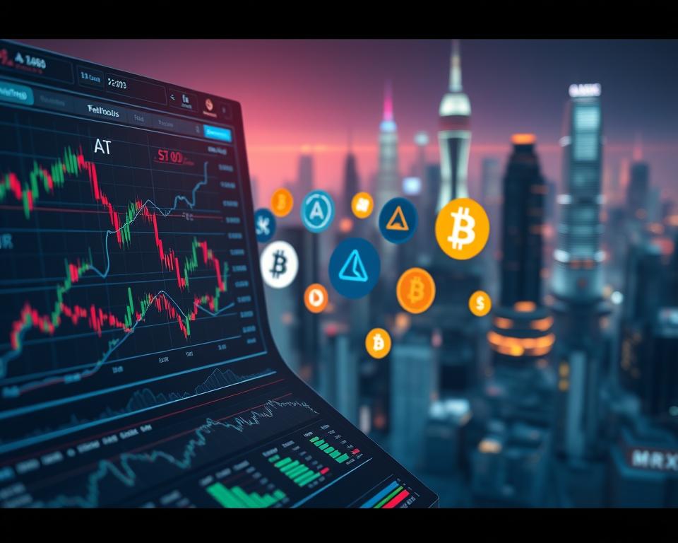 A detailed technical analysis dashboard featuring a variety of altcoin charts, graphs, and indicators. The foreground displays a sleek, modern interface with adjustable metrics, candlestick patterns, and price tickers. The middle ground showcases several prominent altcoin logos floating in a 3D space, while the background depicts a futuristic cityscape bathed in a cool, neon-infused lighting. The overall mood is one of data-driven insights and technological prowess. Captured through the lens of a high-end camera with a shallow depth of field, this MrX altcoins technical analysis image conveys a sense of precision and professionalism.