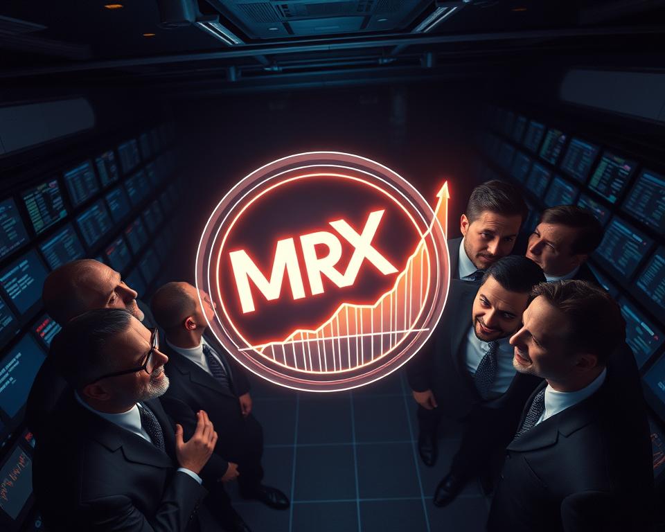 A dramatic, overhead view of a group of investors gathered around a glowing, holographic projection of the MrX cryptocurrency logo, its price chart displaying an exponential upward trajectory. The investors, dressed in sharp suits and ties, lean in eagerly, their expressions a mix of excitement and greed. The background is a dimly lit, high-tech trading floor, with rows of computer screens and blinking lights, creating an atmosphere of intense market activity. Soft, directional lighting casts dramatic shadows, emphasizing the intensity of the moment. The scene conveys a sense of the frenzy and speculation surrounding the crypto bubble investment strategy.