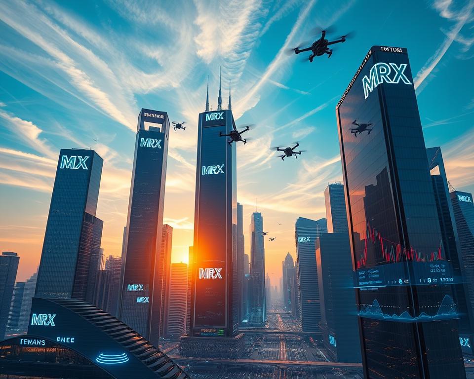 A dynamic and futuristic cityscape with towering skyscrapers adorned with MrX logos. In the foreground, a holographic display showcases the latest cryptocurrency trends and data visualizations. Cascading neon lights and reflected in the sleek, mirrored surfaces, creating an atmosphere of technological advancement and financial innovation. Drones and flying vehicles zip through the air, symbolizing the rapid pace of progress in the crypto industry. The sky is a vibrant, electric blue, with wispy clouds and a setting sun casting a warm, golden glow over the entire scene. The overall impression is one of a thriving, cutting-edge future powered by the convergence of AI and cryptocurrency.