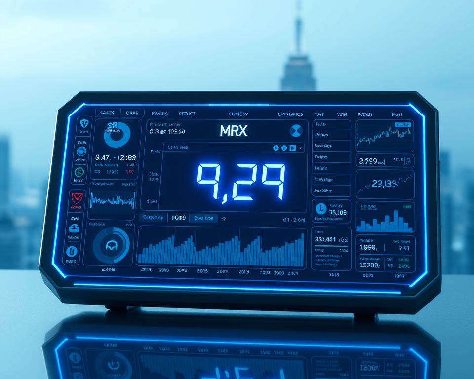 A highly detailed, cinematic view of a digital currency exchange interface showcasing the current trading price of MrX Coin, a futuristic-looking cryptocurrency. The interface is displayed on a sleek, metallic device with a minimalist design, bathed in cool, blue-tinted lighting that creates a sense of technological sophistication. In the center, a large digital readout prominently displays the current exchange rate, surrounded by a variety of charts, graphs, and data visualizations that provide real-time insights into the coin's performance and market trends. The background features a subtle, blurred cityscape, suggesting the global, interconnected nature of the digital finance ecosystem.