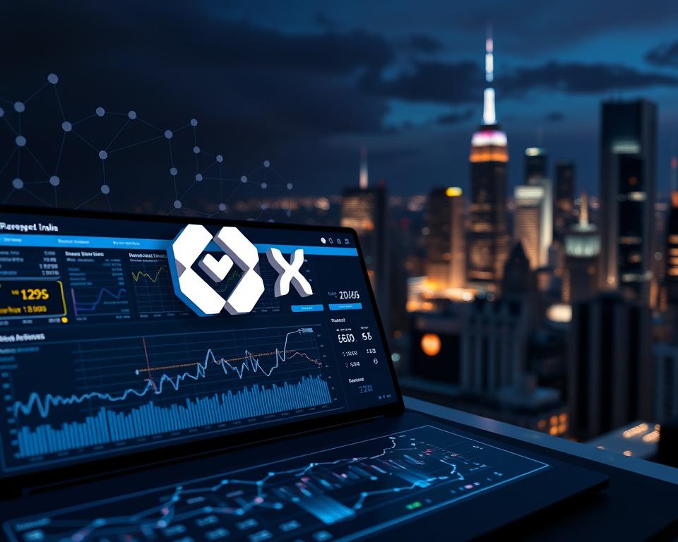A professional, high-quality image of cryptocurrency risk management for the article "Navigating the Crypto Bubble: Insights and Strategies", section "Risk Management Techniques". In the foreground, a MrX logo with a sleek, modern design hovers over a dashboard displaying complex charts, graphs, and financial data. The middle ground features a blockchain-inspired background with a grid of interconnected nodes, representing the complex network of cryptocurrency transactions. In the background, a cityscape with skyscrapers and a night sky, conveying a sense of scale and the global reach of the cryptocurrency market. The lighting is soft and directional, creating depth and drama. The overall mood is one of sophistication, technology, and cautious optimism in navigating the crypto landscape.