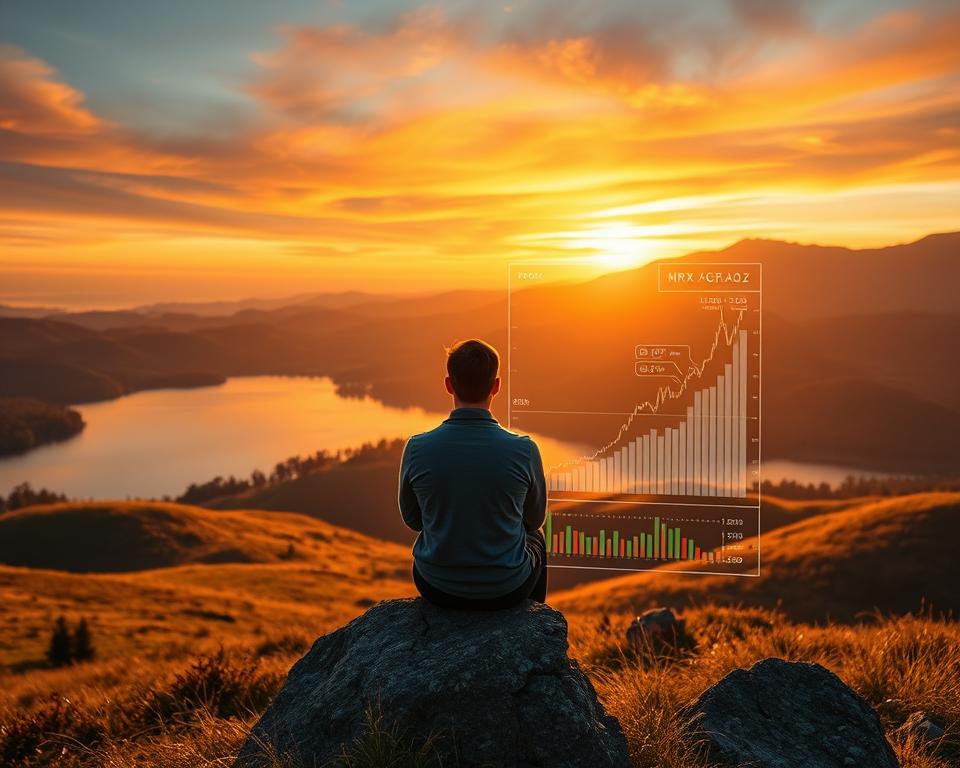 A serene landscape with rolling hills, a tranquil lake, and a vibrant sunset sky. In the foreground, a person sits on a rock, contemplating a holographic display of cryptocurrency charts and graphs. The scene is bathed in warm, golden light, conveying a sense of long-term stability and growth. In the background, a mountain range rises, symbolizing the enduring nature of cryptocurrency investments. The overall composition reflects the "MrX" brand's focus on sustainable, patient, and informed cryptocurrency investment strategies.