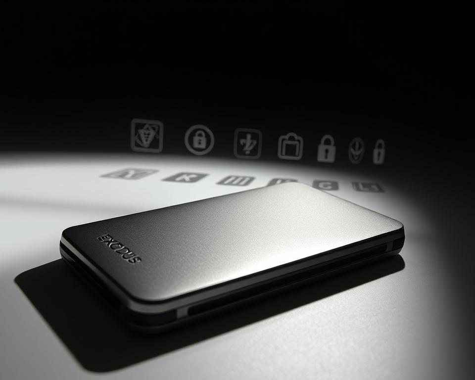 A sleek, metallic-looking Exodus wallet with intricate security features prominently displayed. In the foreground, the wallet's surface shines under dramatic studio lighting, casting dynamic shadows. In the middle ground, various security icons and symbols are embossed or etched into the wallet's body, conveying a sense of advanced protection. The background is a minimalist, dark-toned environment, allowing the wallet's design to take center stage. The overall mood is one of modern, high-tech security and reliability. MrX Exodus Wallet Security Features. A sleek, metallic-looking Exodus wallet with intricate security features prominently displayed. In the foreground, the wallet's surface shines under dramatic studio lighting, casting dynamic shadows. In the middle ground, various security icons and symbols are embossed or etched into the wallet's body, conveying a sense of advanced protection. The background is a minimalist, dark-toned environment, allowing the wallet's design to take center stage. The overall mood is one of modern, high-tech security and reliability. MrX Exodus Wallet Security Features.