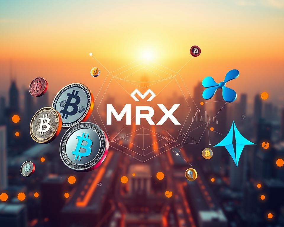 Diverse-cryptocurrency-portfolio-strategy: a high-fidelity, photorealistic digital illustration showcasing the MrX investment firm's innovative approach to building a well-balanced cryptocurrency portfolio. In the foreground, an array of digital currency icons - Bitcoin, Ethereum, Litecoin, Ripple, and Stellar - float in a visually striking, dynamic arrangement. The middle ground features a MrX logo rendered in sleek, metallic tones, surrounded by abstract geometric patterns and data visualizations that convey the complexities of the crypto market. The background depicts a subtle, futuristic cityscape bathed in a warm, golden glow, hinting at the potential growth and opportunities within the evolving digital finance landscape.