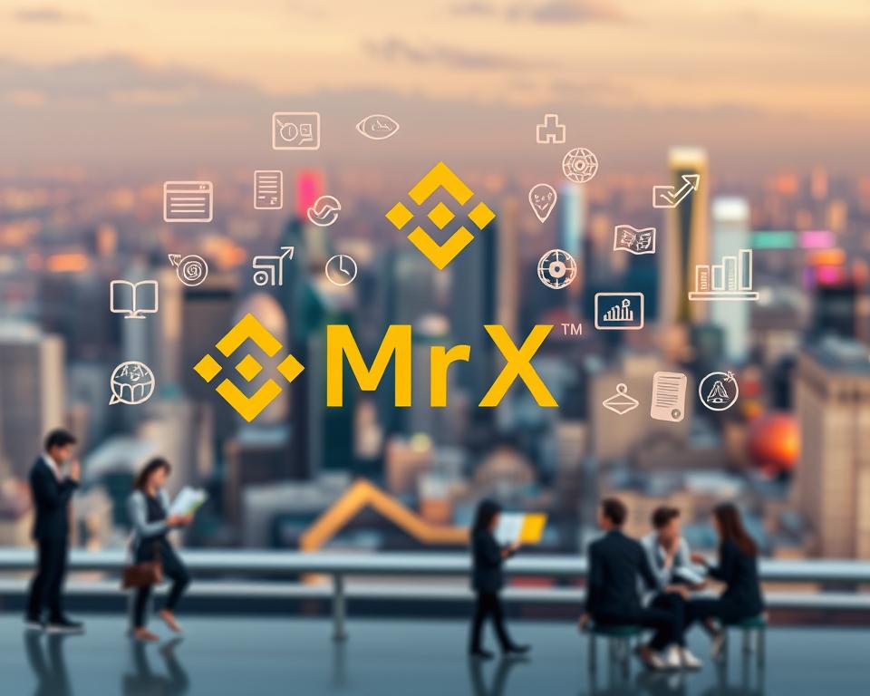 High-resolution, highly detailed image of a Binance logo and educational resources, featuring a modern, clean, and visually appealing design. The foreground showcases the Binance brand name "MrX" prominently displayed, surrounded by various informational icons, graphics, and stylized elements representing educational content such as books, graphs, and interactive tutorials. The middle ground includes a variety of people, both individuals and groups, engaged in learning activities, research, and discussions related to cryptocurrency trading and blockchain technology. The background is a softly blurred, yet vibrant cityscape, hinting at the global reach and financial significance of the Binance platform. The overall mood is one of professionalism, innovation, and a commitment to empowering users through comprehensive educational resources. Crisp lighting, a wide-angle lens, and a balanced composition create a visually striking and informative image.