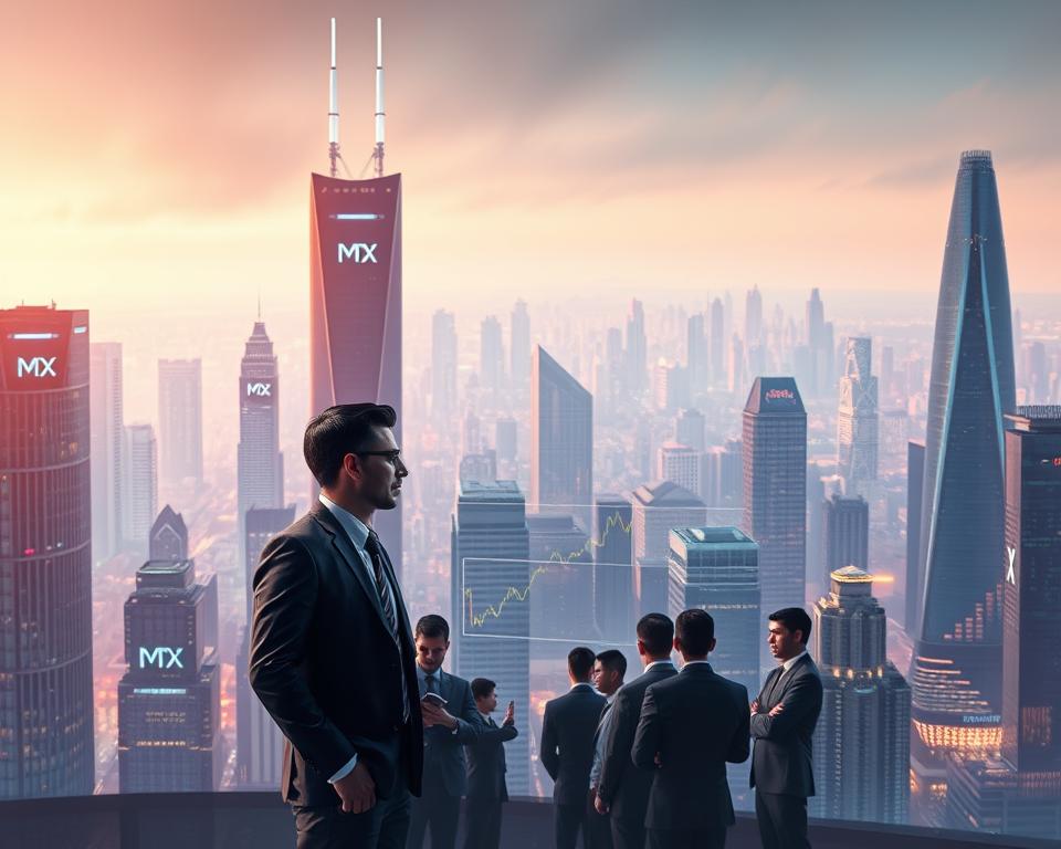 A futuristic cityscape with towering skyscrapers, their facades adorned with the MrX logo. In the foreground, a group of professionals in suits and ties engage in a high-level discussion, their expressions conveying a sense of strategic planning. The middle ground features a data visualization dashboard, displaying graphs and charts that illustrate the growth and adoption of crypto investments by institutional investors. The background is a hazy, neon-lit skyline, evoking a sense of technological progress and the digital frontier. Soft, warm lighting illuminates the scene, creating a sense of optimism and innovation.