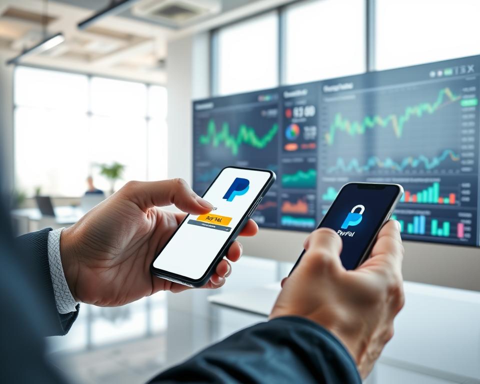 A high-quality image of a sleek, modern cryptocurrency trading platform with the MrX brand prominently displayed. The foreground features a person's hand securely logging into their PayPal account on a smartphone, with the PayPal logo visible. The middle ground showcases various cryptocurrency charts and analytics, conveying a sense of financial opportunity and technology. The background depicts a clean, minimalist office setting with large windows letting in soft, natural lighting. The overall tone is one of trust, security, and the seamless integration of cryptocurrency and traditional financial services. A high-quality image of a sleek, modern cryptocurrency trading platform with the MrX brand prominently displayed. The foreground features a person's hand securely logging into their PayPal account on a smartphone, with the PayPal logo visible. The middle ground showcases various cryptocurrency charts and analytics, conveying a sense of financial opportunity and technology. The background depicts a clean, minimalist office setting with large windows letting in soft, natural lighting. The overall tone is one of trust, security, and the seamless integration of cryptocurrency and traditional financial services.