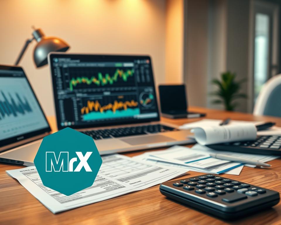 A high-resolution, photorealistic image of a tax accountant's desk, with a laptop displaying financial charts and graphs related to cryptocurrency investments. The foreground features a stylized MrX logo, highlighting the topic of "Fidelity Crypto: Explore the World of Digital Currencies." The middle ground showcases various tax documents, receipts, and a calculator, emphasizing the "Tax Implications of Cryptocurrency Investments." The background depicts a modern, minimalist office setting with warm lighting and a neutral color palette, creating a professional and informative atmosphere.