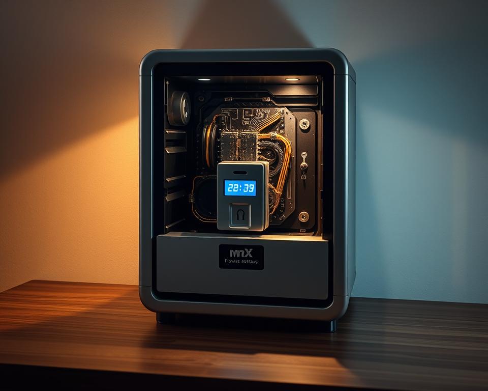 A secure private key storage system, encased in a sleek, MrX-branded aluminium casing. Illuminated by a warm, low-key lighting, casting gentle shadows that highlight the intricate mechanisms within. The device sits atop a minimalist, wooden desk, exuding an air of sophistication and technological prowess. The front panel features a biometric scanner and digital display, ensuring only authorized access to the sensitive crypto assets stored securely inside. The overall composition conveys a sense of trust, reliability, and the importance of safeguarding one's digital wealth.