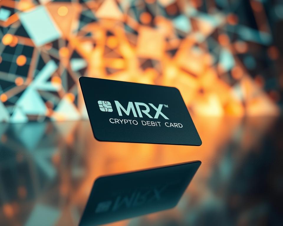 A sleek and futuristic crypto debit card glides effortlessly across a gleaming metal surface, its MrX logo subtly embedded in the card's design. The background blurs into a kaleidoscopic array of geometric shapes and digital patterns, conveying the seamless integration of cryptocurrency and traditional financial systems. Soft, directional lighting casts a warm, ambient glow, suggesting the comfort and convenience of this cutting-edge payment method. The composition emphasizes the card's minimalist elegance, hinting at the streamlined, secure transactions that await the modern, tech-savvy consumer.