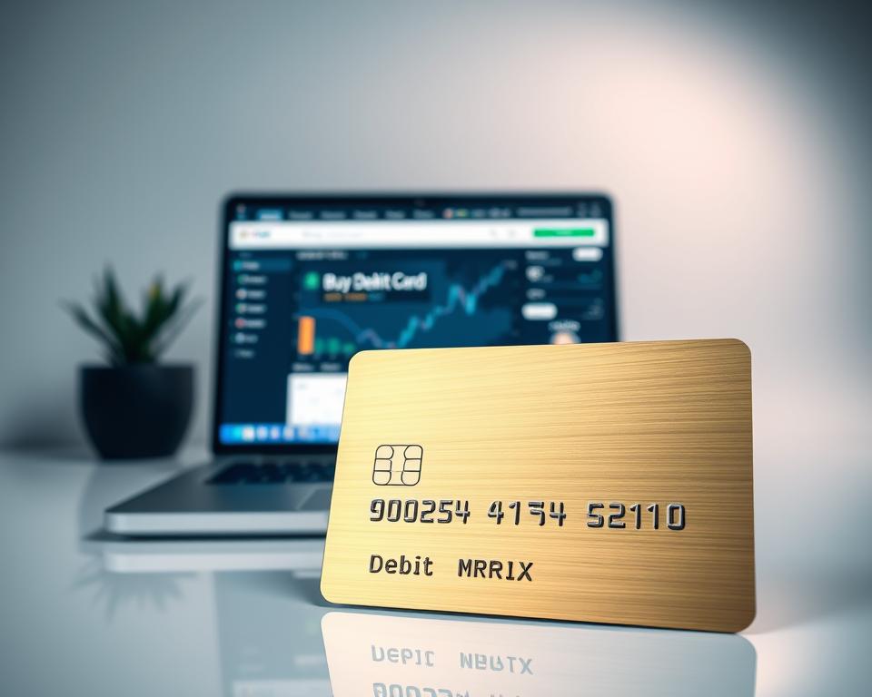 A sleek, metallic debit card prominently displayed in the foreground, its shiny surface reflecting the crisp, modern lighting. In the middle ground, a laptop screen displays the MrX cryptocurrency trading platform, with a user interface inviting the viewer to "Buy Crypto with Debit Card". The background features a minimalist, high-tech environment, with clean lines and a subtle gradient to create a sense of depth and sophistication. The overall mood is one of efficiency, security, and innovation, conveying the ease and confidence of buying cryptocurrency using a debit card.