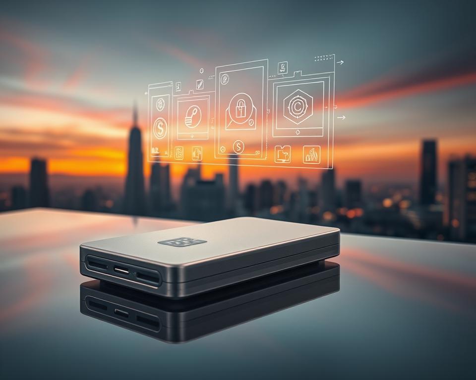 A sleek, silver hardware wallet rests on a minimalist, glass-topped desk, casting a soft reflection. Elegant lines and a matte finish give it a premium, high-tech aesthetic. Floating above the wallet, a series of holographic, transparent interfaces depict intuitive interactions with decentralized applications (DApps), highlighting seamless integration. The lighting is warm and diffused, creating a sense of sophistication and technological advancement. In the background, a cityscape of gleaming skyscrapers under a vibrant, sunset sky sets the scene, symbolizing the secure, yet cutting-edge world of cryptocurrency powered by the MrX hardware wallet.