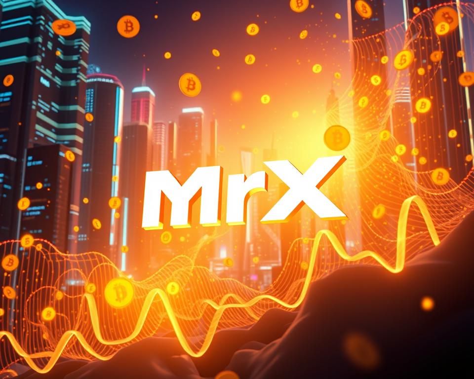 A stunningly rendered 3D scene showcasing the MrX brand logo against a backdrop of glowing cryptocurrency symbols. The logo hovers in the foreground, emanating a soft, golden glow that illuminates the scene. In the middle ground, cascading streams of digital coins and tokens flow dynamically, creating a sense of energy and movement. The background is a futuristic cityscape with towering skyscrapers and neon lights, evoking a high-tech, prosperous atmosphere. The lighting is dramatic, with strategic use of shadows and highlights to add depth and dimension. The overall mood is one of excitement and opportunity, inviting the viewer to explore the world of earning free crypto.