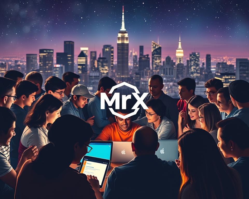 A vibrant, close-knit community of crypto enthusiasts, surrounded by a warm and inviting atmosphere. In the foreground, a group of diverse individuals engaged in lively discussions, their faces lit by the soft glow of laptop screens. In the middle ground, a MrX logo prominently displayed, representing the core of this thriving ecosystem. The background features a city skyline, with towering skyscrapers and a starry night sky, symbolizing the global reach and aspirations of the Fidelity Crypto Community. Soft, diffused lighting creates a sense of unity and camaraderie, while the overall composition conveys a feeling of collaboration, discovery, and a shared passion for the world of digital currencies.