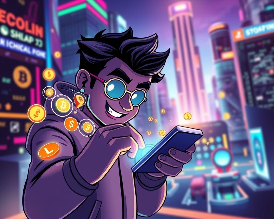 A visually stunning crypto-themed illustration showcasing a character named MrX earning free cryptocurrency through an engaging mobile game. The foreground depicts MrX, a stylized avatar, enthusiastically tapping on a smartphone screen, surrounded by vibrant, glowing cryptocurrency icons and symbols. The middle ground features a dynamic, futuristic user interface with interactive game elements. The background sets the scene with a sleek, neon-infused cityscape, conveying a sense of technological advancement and financial opportunity. The lighting is dramatic, with strategic use of depth of field and lens flare effects to create an immersive, visually captivating atmosphere.