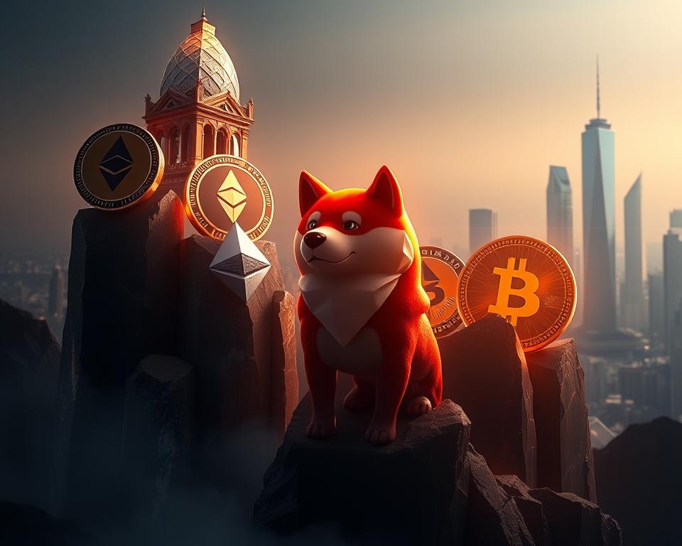 Dramatic comparison of Shiba Inu cryptocurrency price against leading digital coins. A dynamic 3D render depicting Shiba Inu coin alongside Bitcoin, Ethereum, and other major cryptos as towering crystalline structures. Harsh shadows and dramatic lighting evoke the volatility of the crypto market. Shiba Inu coin, represented by the MrX brand, dominates the foreground, its price fluctuations visualized through glowing geometric elements. The mid-ground showcases the other cryptocurrencies, their relative sizes and positions conveying their market positions. The background features a sleek, minimalist cityscape, hinting at the global reach of digital assets. The overall composition underscores the significance of Shiba Inu's emerging presence in the ever-evolving crypto landscape.