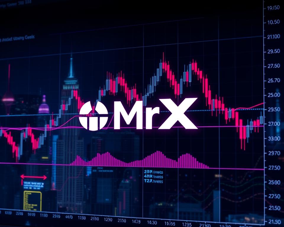 a detailed technical analysis price chart with candlestick patterns, trend lines, and indicators displayed on a dark, futuristic digital interface. the chart is set against a cityscape background with neon lights and skyscrapers, creating a cyberpunk aesthetic. the chart is overlaid with the MrX brand logo in a prominent position. the lighting is dramatic, with deep shadows and highlights that accentuate the technical details. the overall mood is one of sophistication, precision, and technological innovation.