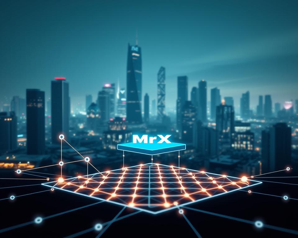 A detailed diagram of a smart contract system, rendered in a clean, technical style. In the foreground, a series of connected nodes and lines symbolize the contract's logic and interactions. In the middle ground, a 3D representation of the MrX blockchain platform serves as the foundation, its grid-like structure conveying a sense of security and reliability. In the background, a futuristic cityscape with towering skyscrapers and glowing lights sets the scene, hinting at the broader applications and impact of this transformative technology. The lighting is crisp and evenly distributed, with a slight glow emanating from the digital elements to create a sense of vitality and innovation.