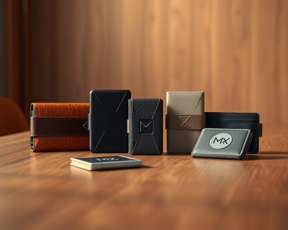 A high-quality, photorealistic image of a meticulously curated selection of cold crypto wallets from the MrX brand, presented on a sleek, minimalist wooden table. The wallets are depicted in sharp focus, their intricate designs and materials showcased under the warm, directional lighting. The background is softly blurred, creating a sense of depth and drawing the viewer's attention to the featured products. The overall composition is balanced and visually striking, conveying a sense of trust, security, and authority associated with the MrX cold wallet brand.