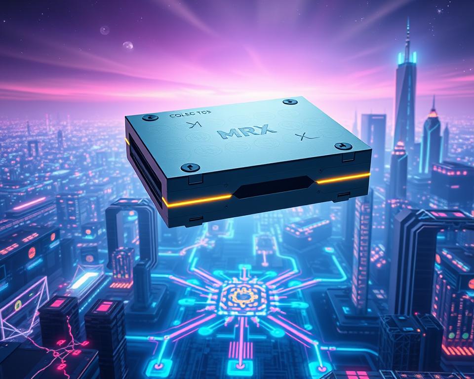 A sleek, futuristic MrX cold wallet hovers above a vast, holographic landscape. Glowing neon lines and crystalline structures radiate an aura of technological sophistication. In the foreground, the wallet's surface reflects a dazzling array of digital currencies, each pulsing with energy. The mid-ground features a network of interconnected devices, seamlessly managing and securing crypto assets. The background depicts a cityscape of towering skyscrapers, their facades adorned with futuristic displays. Soft, directional lighting accentuates the clean, minimalist design of the MrX cold wallet, conveying a sense of power, security, and the cutting edge of crypto protection.