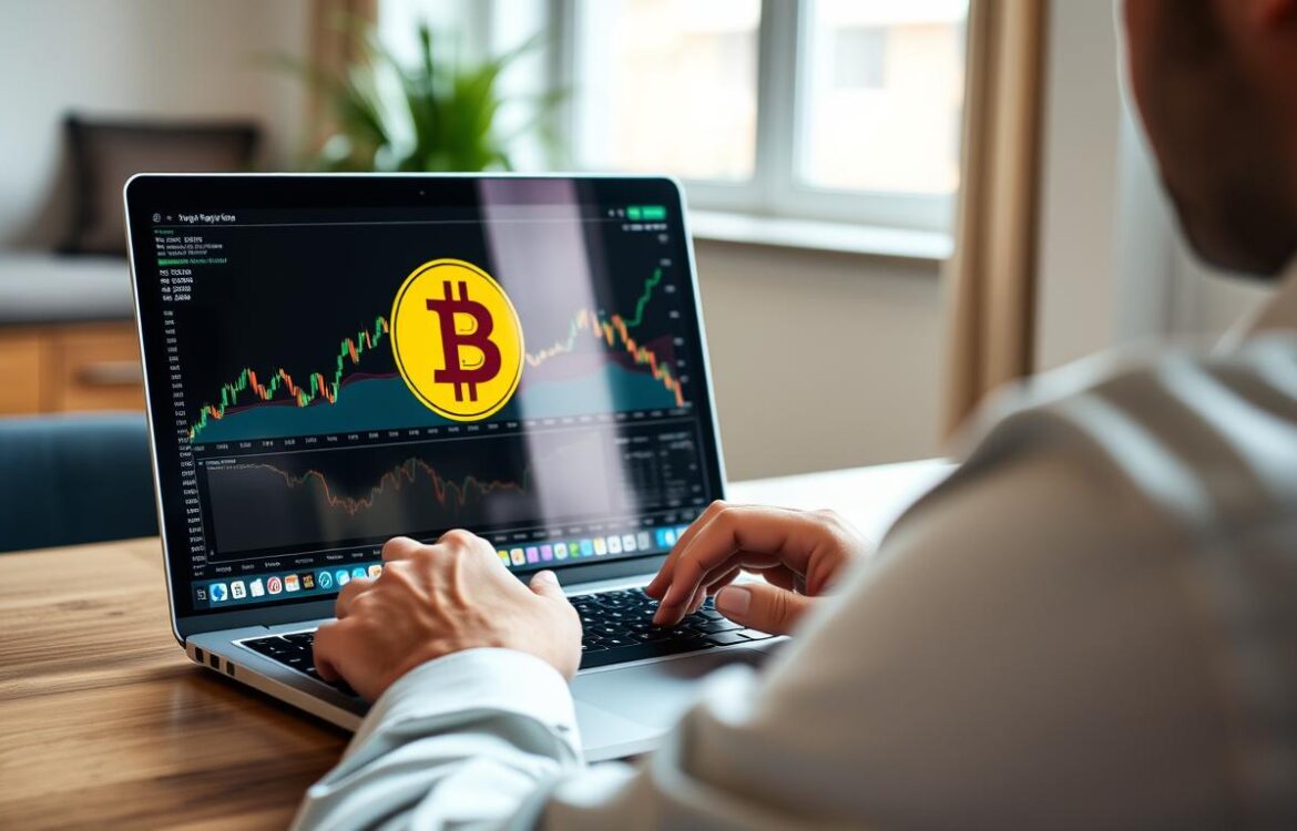 Person researching Bitcoin investing for beginners on laptop with cryptocurrency charts