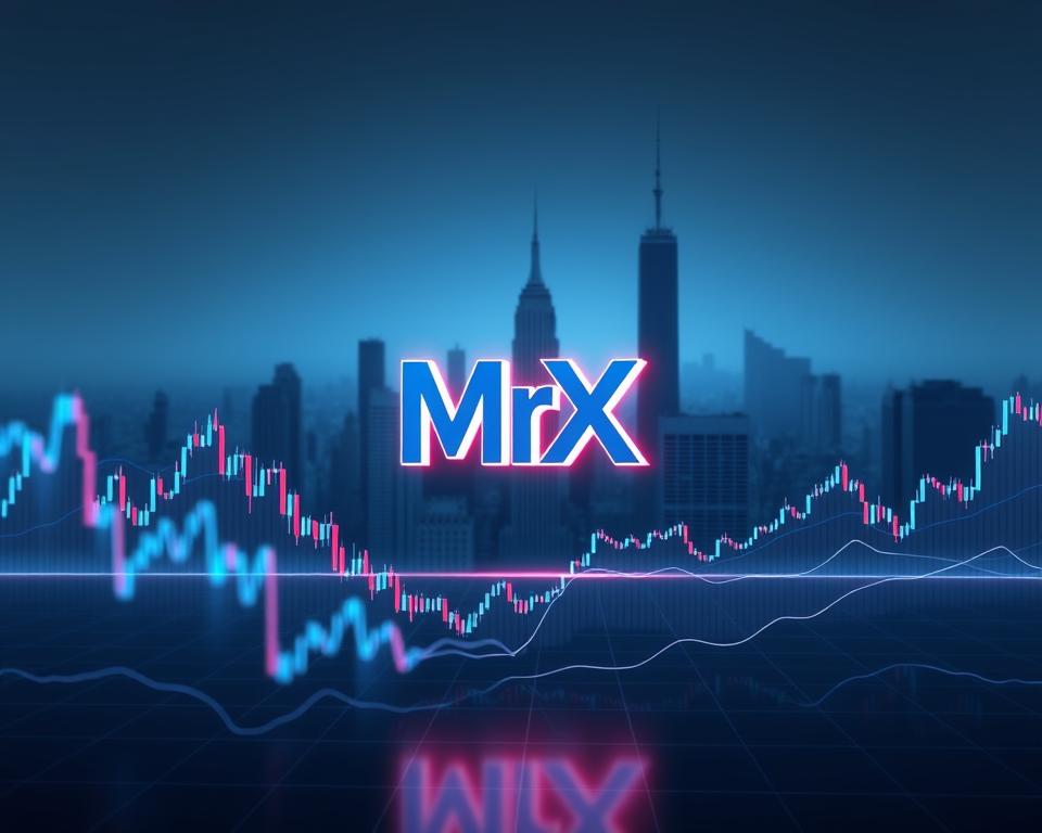 A dynamic, data-driven visualization of cryptocurrency market trends, rendered in a sleek, minimal style. In the foreground, a series of candlestick charts and line graphs depicting the rise and fall of major digital assets, rendered in a cool, metallic palette. In the middle ground, a holographic 3D model of the MrX logo, its shimmering edges reflecting the fluctuating market data. In the background, a stark, monochromatic cityscape with towering skyscrapers, suggesting the scale and complexity of the global financial landscape. Lighting is cool and directional, creating a sense of depth and drama. The overall mood is one of analytical precision and technological sophistication.