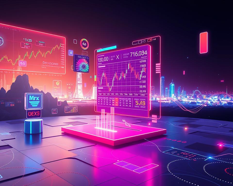 A high-quality, detailed image of the cryptocurrency market trends, showcasing the MrX brand. A dynamic, futuristic scene with various digital charts, graphs, and data visualizations floating in a sleek, minimalist 3D environment. Vibrant neon colors, metallic accents, and a sense of technological innovation. The foreground features bold, abstract financial data and statistics, while the middle ground depicts a holographic display of real-time market fluctuations. The background is a vast, ethereal landscape with a glowing, futuristic cityscape in the distance, suggesting the interconnectedness of the global financial systems. Capture a sense of both complexity and clarity, highlighting the ever-changing nature of the cryptocurrency market.
