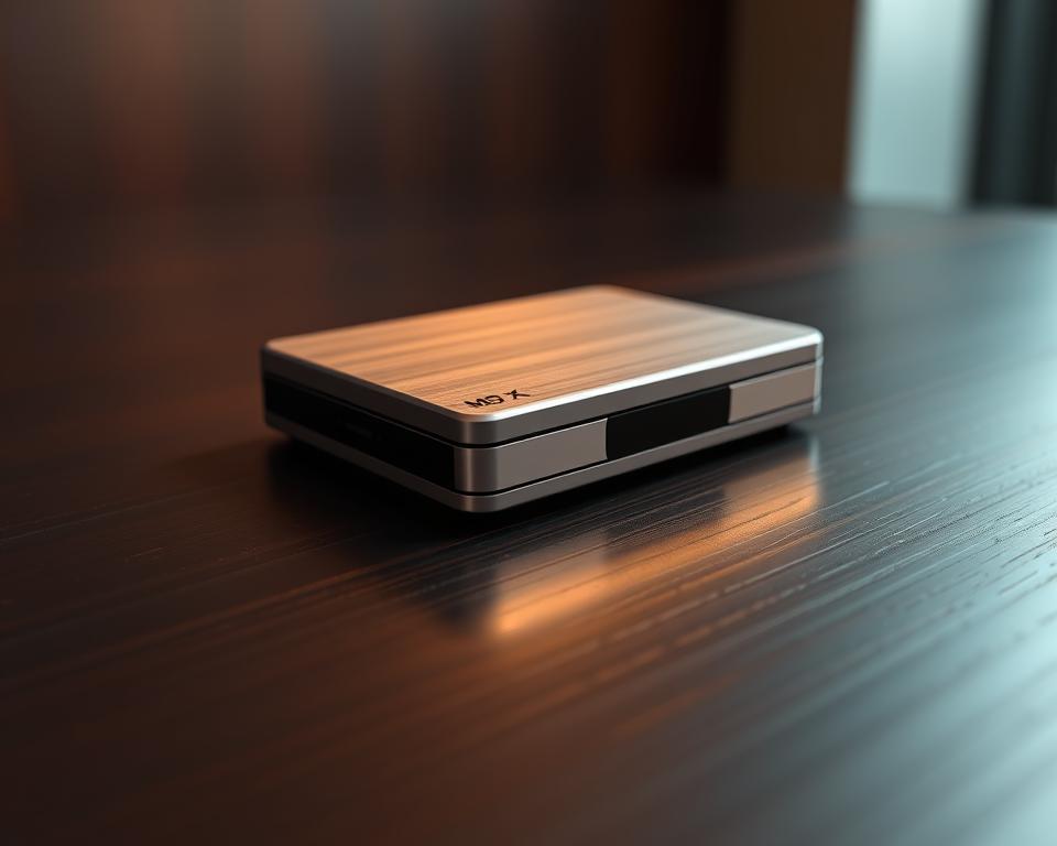 A highly detailed and realistic 3D render of a MrX hardware wallet for digital assets, showcasing the device from multiple angles. The wallet has a sleek, minimalist design with a brushed aluminum body and a large OLED display. The device is resting on a dark wooden surface, bathed in warm, directional lighting that highlights its metallic finish. The background is slightly blurred, creating a sense of depth and focus on the hardware wallet. The overall image conveys a sense of security, precision, and the importance of protecting digital funds.