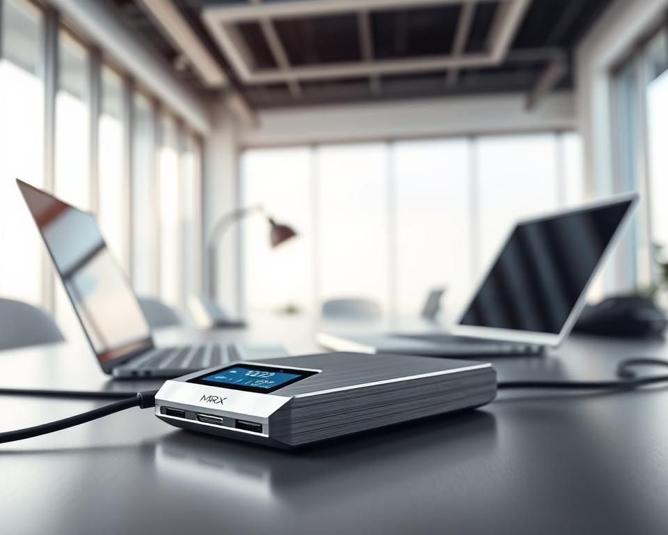 A highly detailed, photorealistic image of the latest MrX cryptocurrency hardware wallet. The wallet is displayed in the foreground, made of sleek, brushed metal with a digital display. The middle ground shows a minimalist desk setup, with the wallet connected to a laptop via USB cable. The background is a clean, modern office environment, with large windows letting in soft, natural lighting. The overall mood is one of security, sophistication, and technological innovation. The image emphasizes the wallet's premium design and conveys a sense of trust and reliability for safeguarding digital assets.