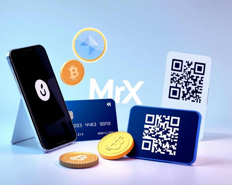 A modern, minimalist illustration of various cryptocurrency payment methods, including a smartphone, a credit card, a digital wallet, and a QR code. The scene is bathed in soft, cool-toned lighting, creating a sense of sophistication and technology. The MrX brand logo is subtly incorporated into the design, adding a touch of branding. The layout is balanced and visually appealing, with the payment methods arranged in a way that emphasizes their functionality and interconnectedness. The overall mood is one of ease, convenience, and the seamless integration of cryptocurrency into everyday financial transactions.