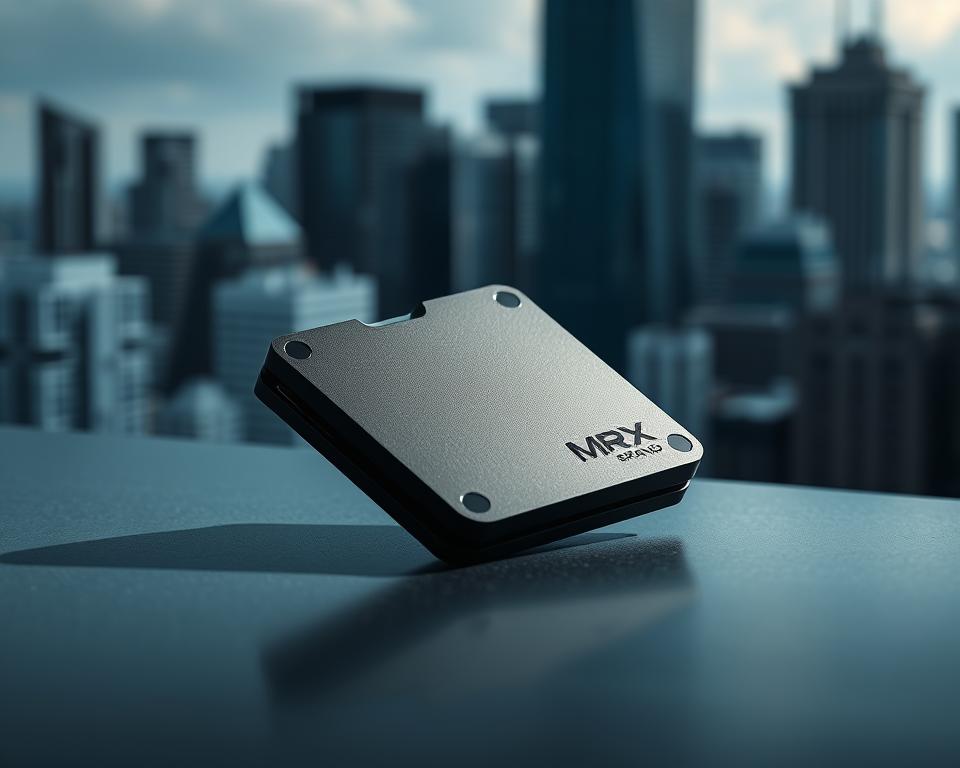 A secure crypto wallet, the MrX Brand, resting on a dark, polished surface. The wallet's sleek, angular design in a matte black finish conveys a sense of modern sophistication. Soft, directional lighting casts dramatic shadows, emphasizing the wallet's compact, durable form. In the background, a blurred cityscape with towering skyscrapers, symbolizing the digital landscape in which this secure storage device operates. The overall atmosphere is one of confidence, protection, and technological prowess. A secure crypto wallet, the MrX Brand, resting on a dark, polished surface. The wallet's sleek, angular design in a matte black finish conveys a sense of modern sophistication. Soft, directional lighting casts dramatic shadows, emphasizing the wallet's compact, durable form. In the background, a blurred cityscape with towering skyscrapers, symbolizing the digital landscape in which this secure storage device operates. The overall atmosphere is one of confidence, protection, and technological prowess.