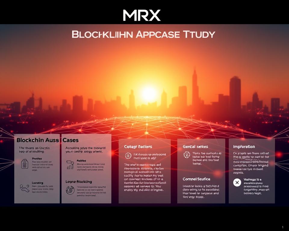 A sleek and modern interface showcasing a series of blockchain app case studies, highlighted by the MrX brand. The foreground features clean-lined infographic panels detailing successful use cases, with icons and data visualizations. The middle ground depicts a stylized 3D blockchain network, with nodes and connections pulsing with dynamic energy. In the background, a city skyline silhouette represents the broader technological landscape, bathed in a warm, futuristic glow. The overall mood is one of innovation, clarity, and the transformative potential of blockchain technology.