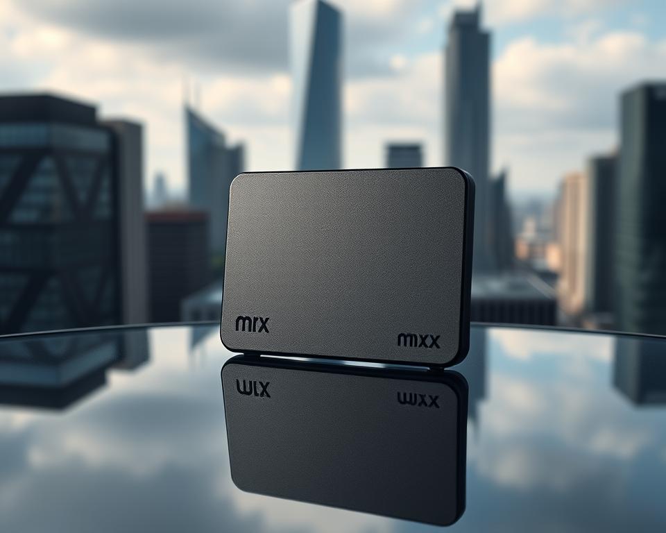 A sleek, minimalist crypto hardware wallet designed by MrX, sitting atop a reflective glass surface. The wallet's matte black exterior exudes a sense of sophistication and security. Dramatic side lighting casts sharp shadows, emphasizing the wallet's angular profile and precision-engineered details. In the background, a blurred cityscape with skyscrapers suggests a futuristic, technologically advanced setting, hinting at the wallet's role in safeguarding digital assets in the modern era.