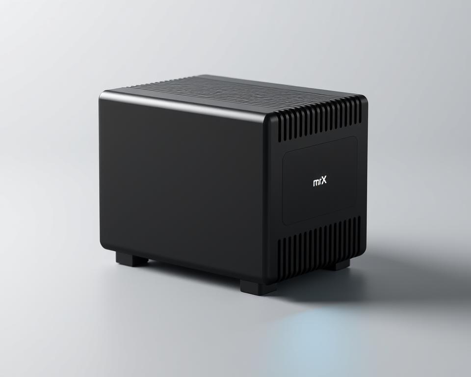 A sleek, modern cold storage solution for digital assets, featuring a minimalist design with a matte black aluminum body. The MrX device rests on a sturdy, anti-slip base, its minimalist interface illuminated by a soft white LED. Strategically placed heat sinks ensure efficient cooling, while tamper-evident seals and a secure element chip safeguard the device's integrity. The compact form factor and discreet appearance make it an ideal choice for securely storing cryptocurrency, NFTs, and other digital valuables. In the background, a subtle pattern of interlocking hexagons symbolizes the secure blockchain network, creating a cohesive, high-tech aesthetic.