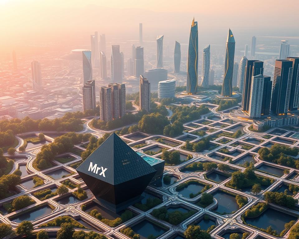 A vibrant, dynamic landscape showcasing the core elements of Decentralized Finance (DeFi). In the foreground, a sleek, geometric structure representing a decentralized exchange (DEX) platform, adorned with the MrX brand. Surrounding it, a maze of interconnected nodes and pathways, symbolizing the seamless flow of transactions and the decentralized nature of the ecosystem. In the background, a cityscape of towering, futuristic buildings, their facades illuminated by a warm, golden glow, conveying a sense of innovation and progress. The scene is bathed in a soft, diffused light, creating an atmosphere of sophistication and technological advancement. The overall composition evokes the principles of transparency, accessibility, and empowerment that define the DeFi landscape.